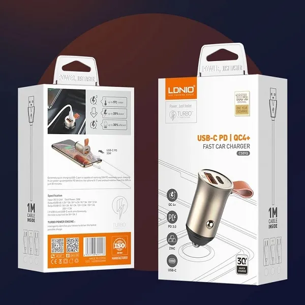 شارژر فندکی الدینیو مدل C509Q به همراه کابل USB-C